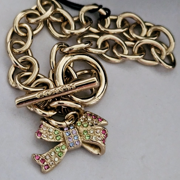 Coach Gold Tone Bow Chain Bracelet  crystal rhinestones charms Bracelet - Picture 4 of 5